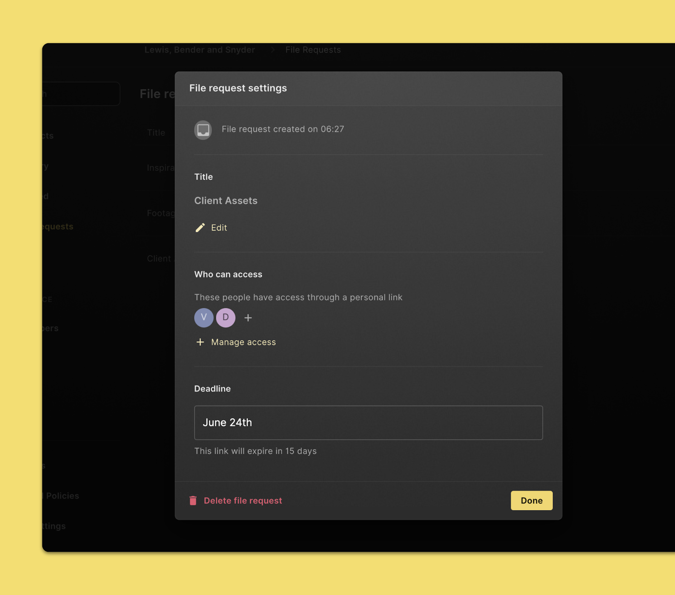 Change settings for a file request